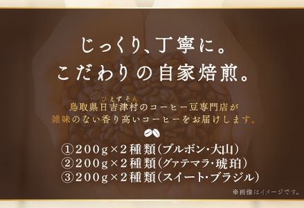 【3回定期便】【コーヒー豆】極上自家焙煎コーヒー　400g×3回【ブルボン 大山 グァテマラ 琥珀 スイート ブラジルブレンド 定期コース 3回 頒布会 コーヒー 珈琲 自家 焙煎 豆 コーヒー豆 飲