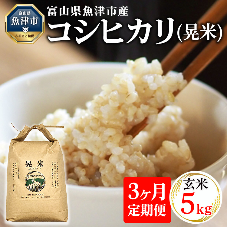 【3ヶ月定期便】【令和8年度米】【農家直送】環境配慮「魚津のコシヒカリ（晃米）」5kg（玄米） ※2026年10月～発送