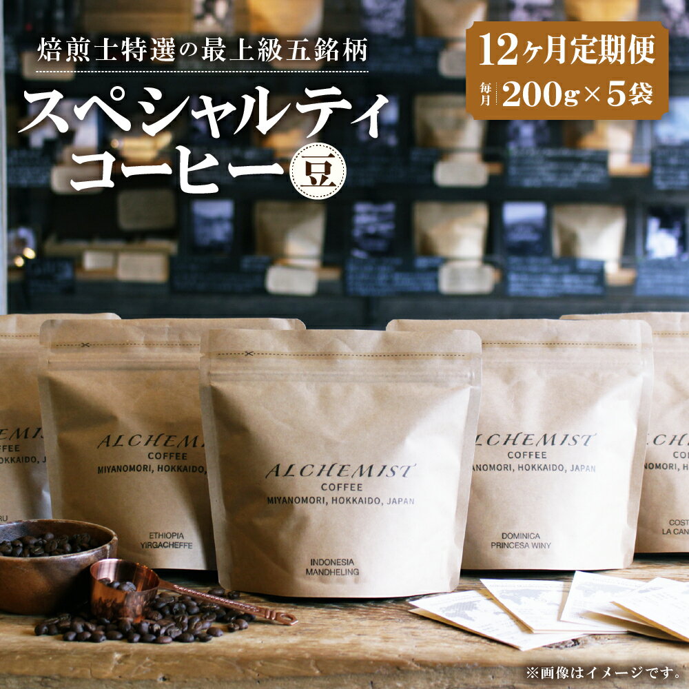 【ふるさと納税】 定期便 全12回 特選五銘柄 スペシャルティコーヒー 200g×5袋 コーヒー 珈琲 豆 12ヶ月 毎月お届け 飲み比べ コーヒー豆 飲料 鮮度 自家焙煎 焙煎士おすすめ 焙煎所直送 北海道 札幌市