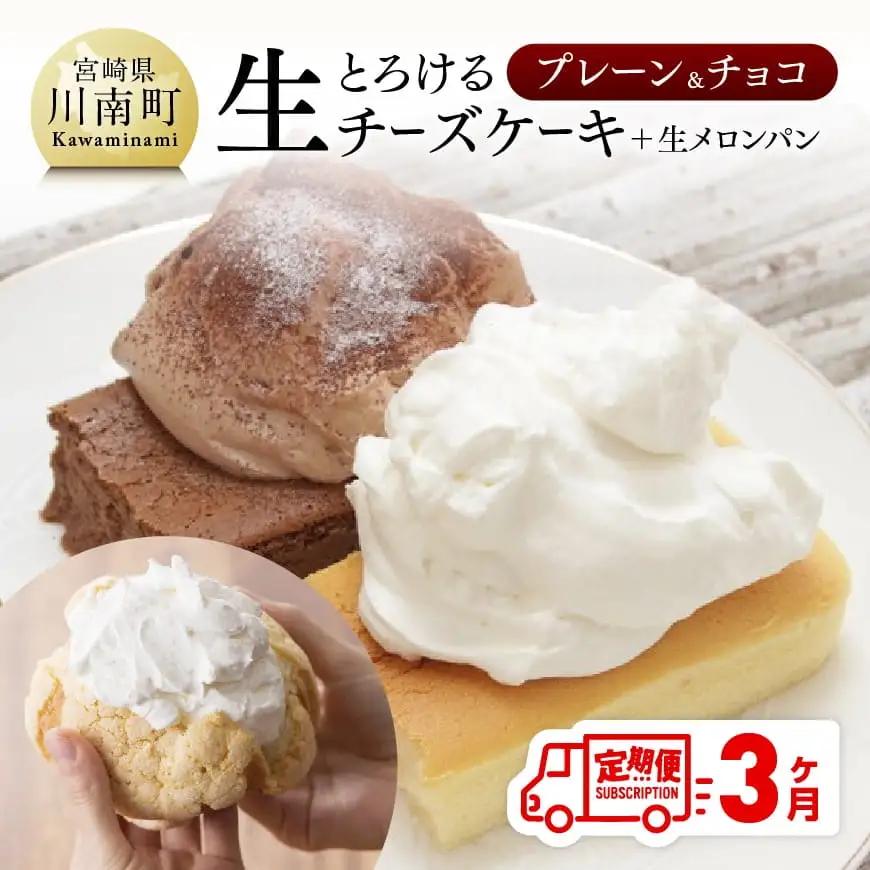 【定期便】とろける生チーズケーキ（プレーン・チョコ）+メロンパン ３ヶ月定期便【スイーツ ケーキ チーズケーキ チョコ 洋菓子ケーキ スプーンでケーキ  おまけつきケーキ 全3回】
