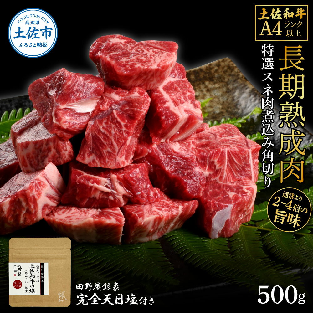 【ふるさと納税】土佐和牛 特選スネ肉煮込み角切り500g 田野屋銀象完全天日塩1P付き 長期熟成肉 田野屋銀象 完全天日塩付き スネ肉 煮込み 角切り 肉 お肉 和牛 牛肉 国産 牛 熟成肉 豪華 贅沢 高知県 土佐市 こうち 返礼品