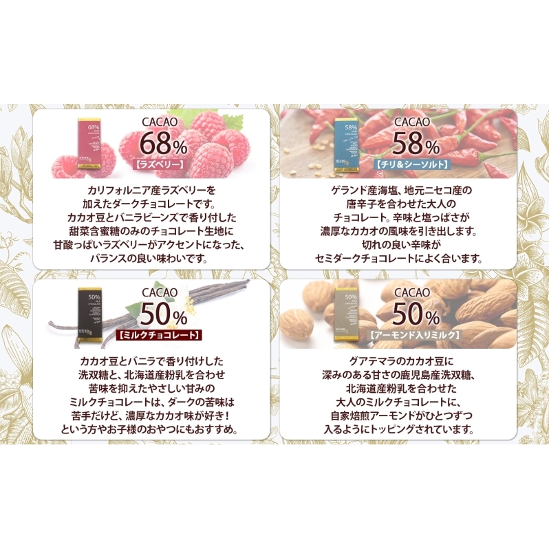 北海道 クラフト チョコレート 8種セット ダーク 梅酒  レーズン エスプレッソ ラズベリー ジンジャー チリ＆ソルト ミルク アーモンド チョコ スイーツ デザート 洋菓子 グルメ お取り寄せ ギ