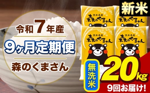 【9ヶ月定期便】令和7年産 新米 森のくまさん 無洗米 20kg 5kg×4袋 計9回お届け《お申込み翌月から出荷》お米 こめ 熊本県産 ご飯 備蓄