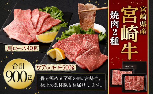 ＜宮崎牛 焼肉 2種 (赤身霜降り)＞1か月以内に順次出荷 計約900g 肩ロース ウデorモモ