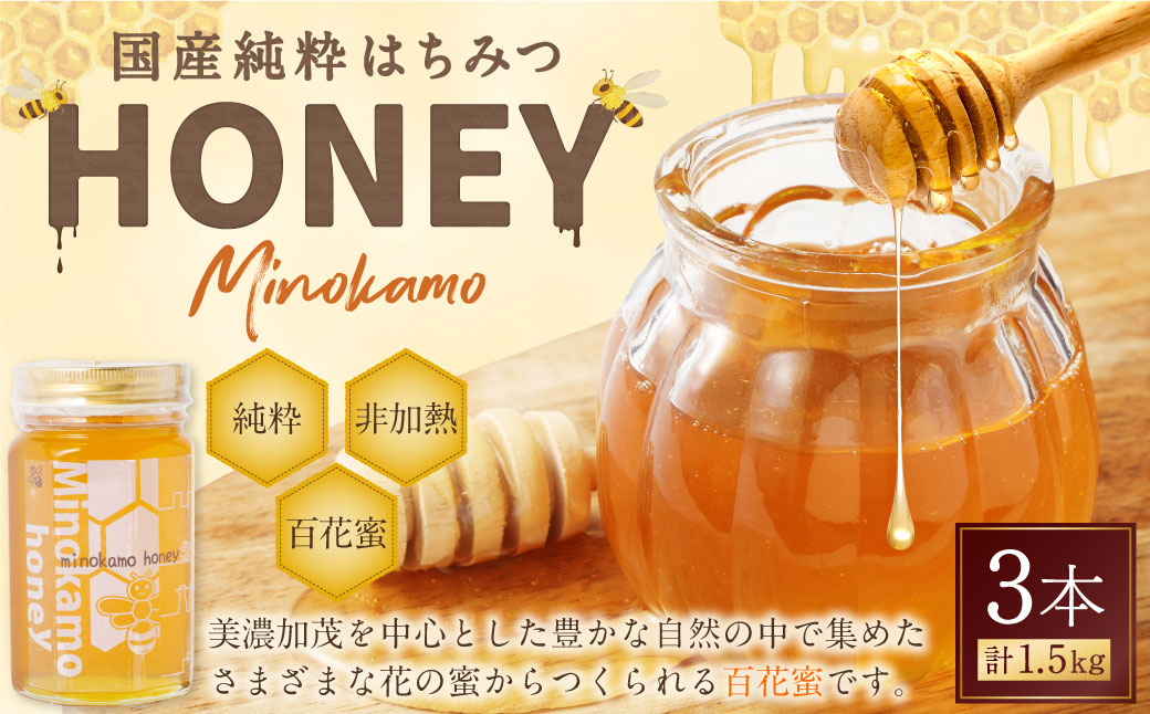 MINOKAMO HONEY はちみつ 3本（500g×3） 合計1500g｜ 藤井養蜂 蜂蜜 非加熱 百花蜜 国産 甘味料 美濃加茂市