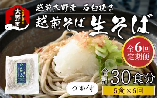 【6ヶ月定期便】越前大野産 石臼挽き 越前そば 生そば5食 × 6回 計30食（つゆ付）