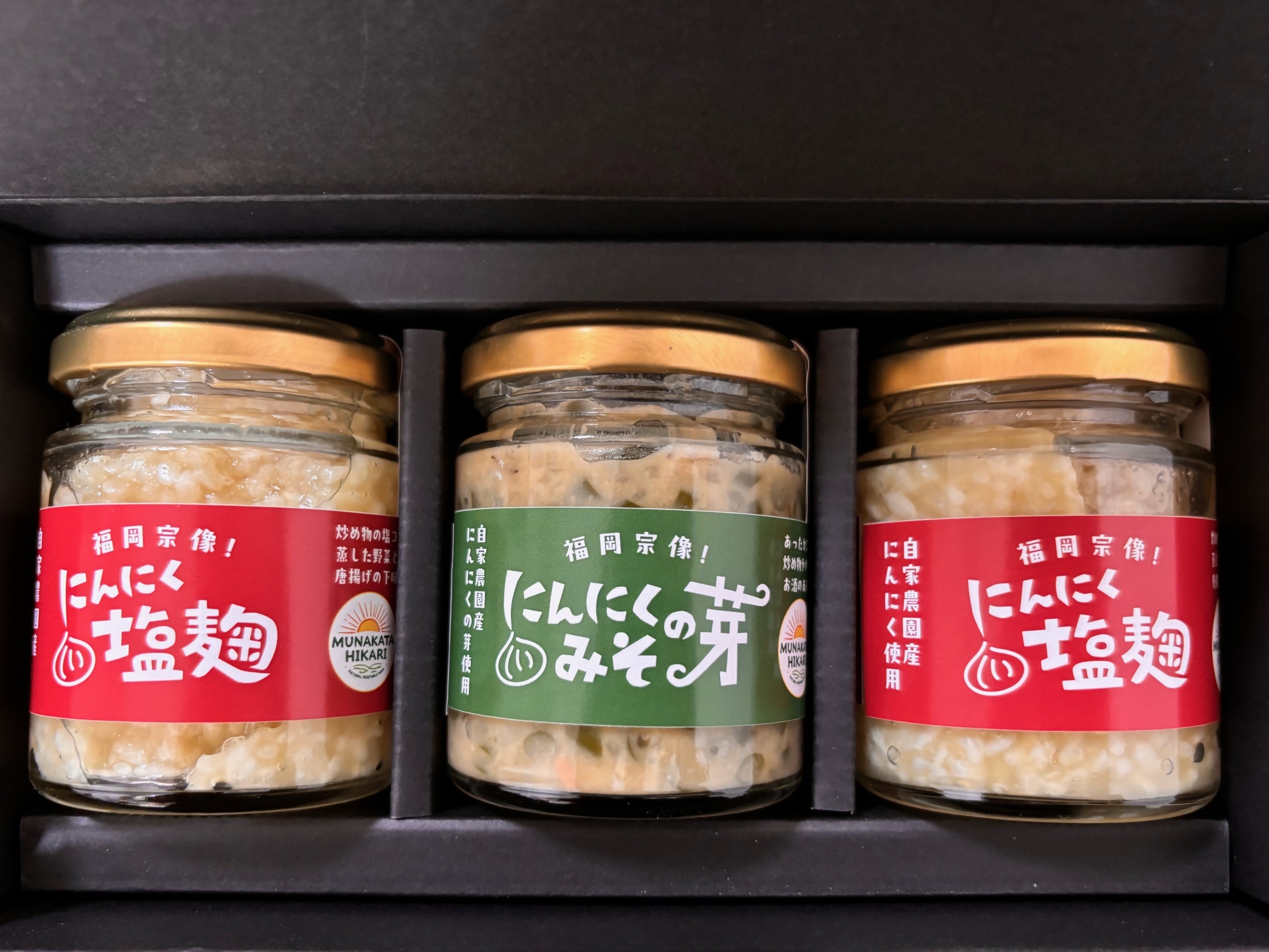 にんにく塩麴 130g×2本　にんにくの芽みそ120g×1本（自然栽培のにんにくシリーズ）【MUNAKATA HIKARI】_HA1597