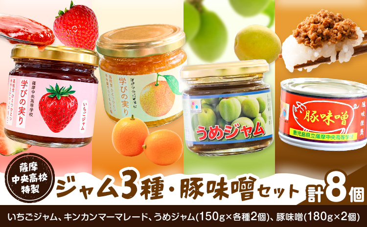 ジャム 豚味噌 セット いちご キンカン マーマレード うめ 薩摩中央高校特製 ジャム3種 (150g×各種2個) 豚味噌 (180g×2個) 計8個 さつま町観光特産品協会《30日以内に出荷予定(土