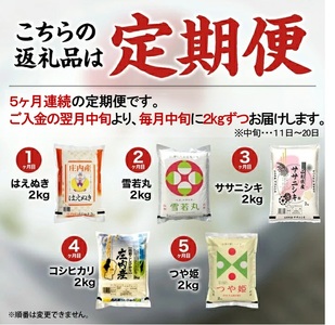 SF0326　【5回定期便】令和7年産［精米］庄内米5銘柄食べ比べ(はえぬき、雪若丸、ササニシキ、コシヒカリ、つや姫)　2kg×5回(計10kg)《農産物検査員おすすめの庄内米》 SY
