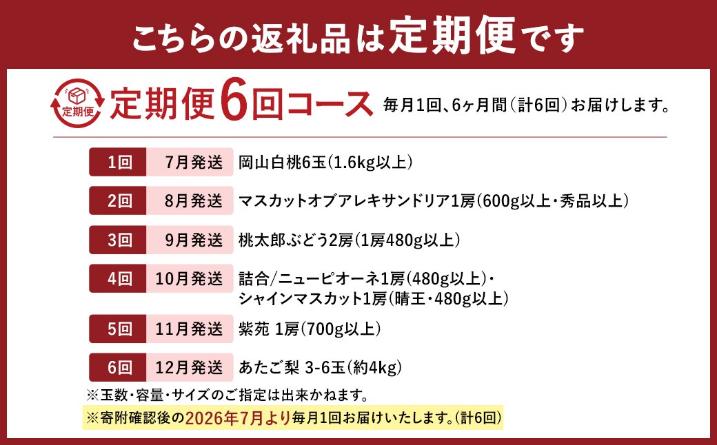 【6回定期便】 白桃 マスカットオブアレキサンドリア  桃太郎ぶどう ニューピオーネ 晴王 紫苑 あたご梨 