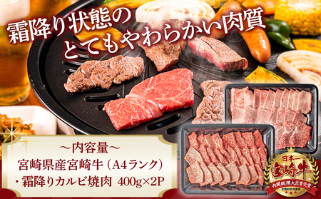 宮崎牛霜降りカルビ焼肉800g_AD-2602_(都城市) 国産黒毛和牛 宮崎牛 A4ランク 4等級 牛肉 霜降りカルビ 400g×2P 計800g 宮崎牛バラ肉 牛ロース肉 焼肉