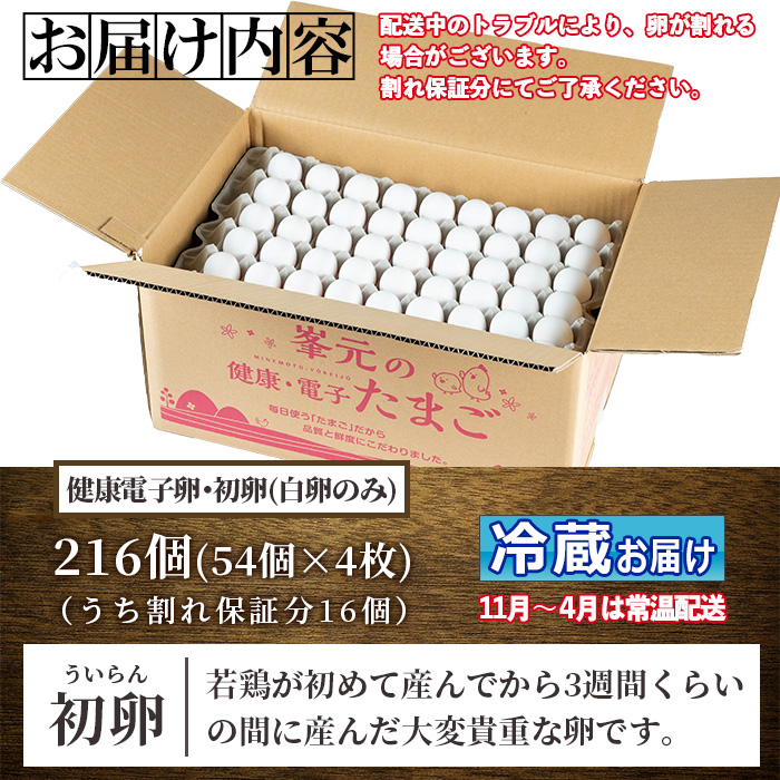 鹿児島県産！健康電子卵 初卵・白(計216個・54個入り×4枚) 国産 九州産 たまご タマゴ 玉子 生たまご 若鶏 若鳥 新鮮 鶏卵 小玉 パック 朝ごはん 卵かけごはん TKG おかず 卵焼き 割