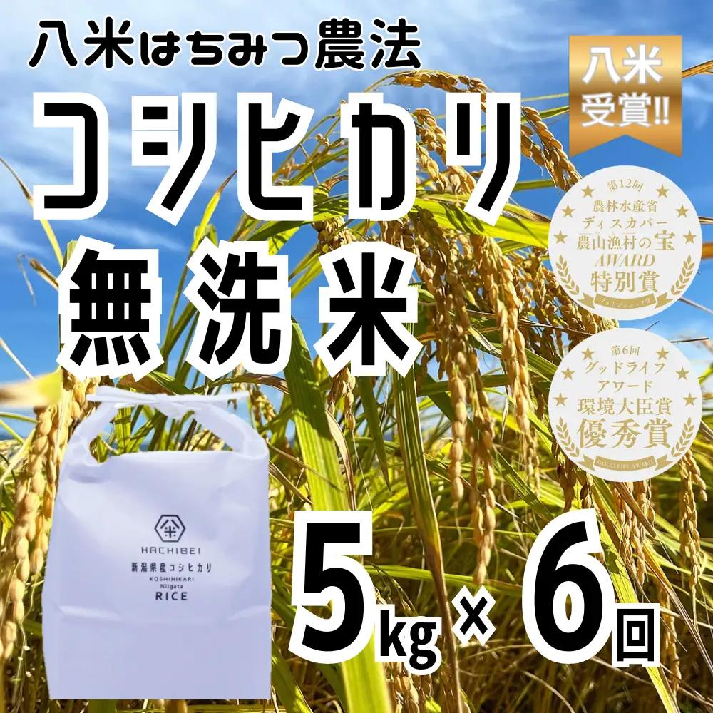 【令和8年産新米予約】【環境大臣賞受賞】【特別賞受賞】6ヶ月定期便 無洗米 コシヒカリ 5kg×6回 計30kg 農家直送 ほんのり甘い「はちみつ農法」 白米 精米 HACHIBEI 八米 新潟県 米 こめ コメ 新米 新米予約 令和8年度産 10月中旬より順次発送予定 1L14079