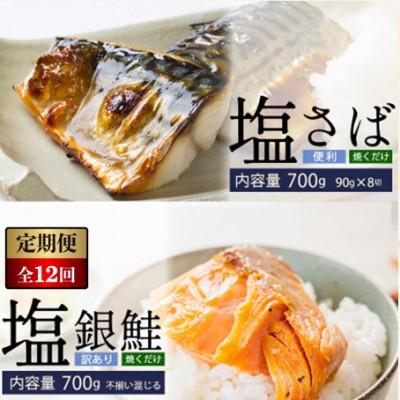 ふるさと納税 若狭町 【毎月定期便】塩さば切身(昆布だし入)90g×8切(700g)・訳あり塩銀鮭(700g)全12回