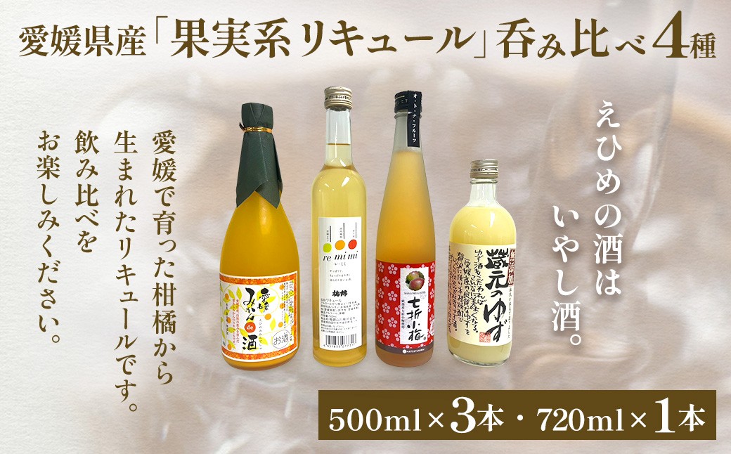 
                  【愛媛県共通返礼品】愛媛県産「果実系リキュール」呑み比べ 4種（500ml×3・720ml×1）  【ふるさと納税 人気 おすすめ ランキング 果実酒 リキュール 酒 お酒 晩酌 お歳暮 贈答 ギフト 愛媛県 伊方町 送料無料】 IKTAY003 
                
