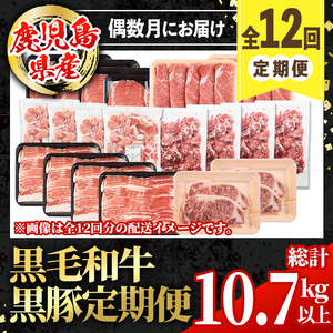 i1008 ＜定期便・計12回(連続)＞黒毛和牛黒豚定期便(総計約10.7kg以上) 国産 九州産 鹿児島産 黒毛和牛 牛肉 国産牛 黒豚 豚肉 サーロイン ステーキ 切り落とし 切落し しゃぶしゃぶ