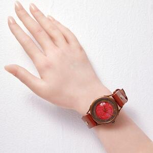 伝統工芸品【西陣織 赤】の文字盤が美しいハンドメイドウォッチ 干支インデックス ベルトカラー：茶 WJ001L 西陣織赤-茶 腕時計