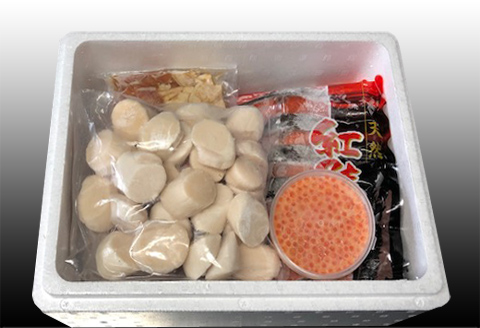 味付若鶏から揚げ350g×3P、紅鮭10切、いくら100g、ほたて貝柱200g B-30022