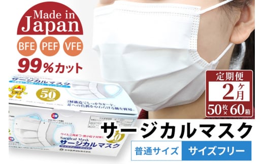 
《定期便2ヶ月》国内製造 高性能サージカルマスク 普通サイズ 50枚入り×60箱 (合計3,000枚)×2回 2か月 2ヵ月 2カ月 2ケ月
