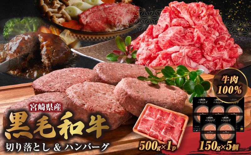 宮崎牛入有田ハンバーグ150g×5個と万能切落し500g 宮崎牛 和牛 黒毛和牛 国産牛 牛肉 ハンバーグ 牛100％ ハンバーグステーキ 切り落とし 切落し 万能切落し 霜降り 赤身 混在 有田牧畜 エモ―牛 ハンバーグセット セット商品 詰め合わせ 家族向け 家庭用 夕食 冷凍 小分け 500g 150g 食べ比べ 人気 TV紹介 ふるさと納税 返礼品 宮崎県 高千穂町_Tk055-002