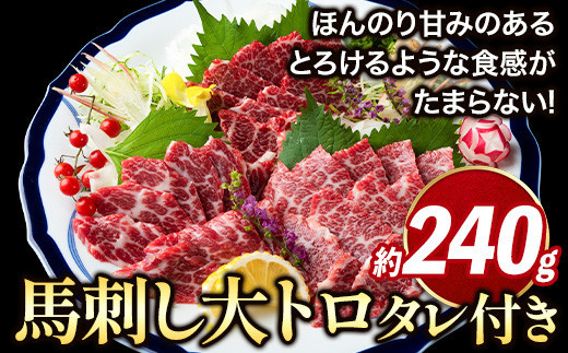 
                  鮮馬刺し大トロ 約240g タレ付き 馬肉 冷凍 《60日以内に出荷予定(土日祝除く)》 新鮮 さばきたて 生食用 肉 熊本県球磨郡山江村 馬刺し 馬肉 希少部位 
                