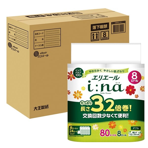 
0015-10-14　エリエール i:na （イーナ） トイレットティシュー 3.2倍巻 ダブル 8R×4パック 32個 【ハーフケース】　80m 32ロール ダブル トイレットペーパー
