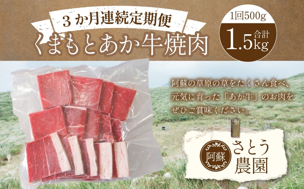 
                  【3か月連続定期便】くまもとあか牛焼肉 500g × 3回 （合計 ： 1500g） ／ 肉 にく 牛肉 牛 赤牛 あか牛 あかうし 焼き肉 焼肉 やきにく 焼肉用 熊本県産  国産 国産牛 熊本県 冷凍
                