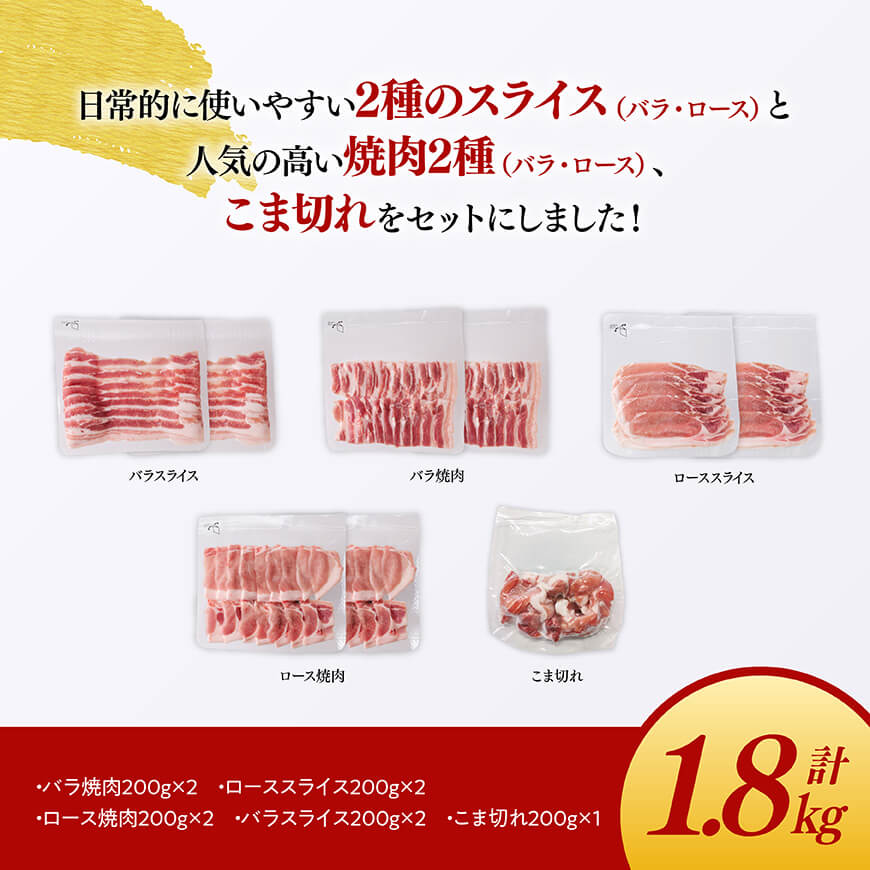 「まるみ豚」宮崎県産豚肉　厳選5種セット　計1.8kg  豚肉 豚 肉 国産 川南町 バラ ロース バラスライス ローススライス こま切れ [D11506]