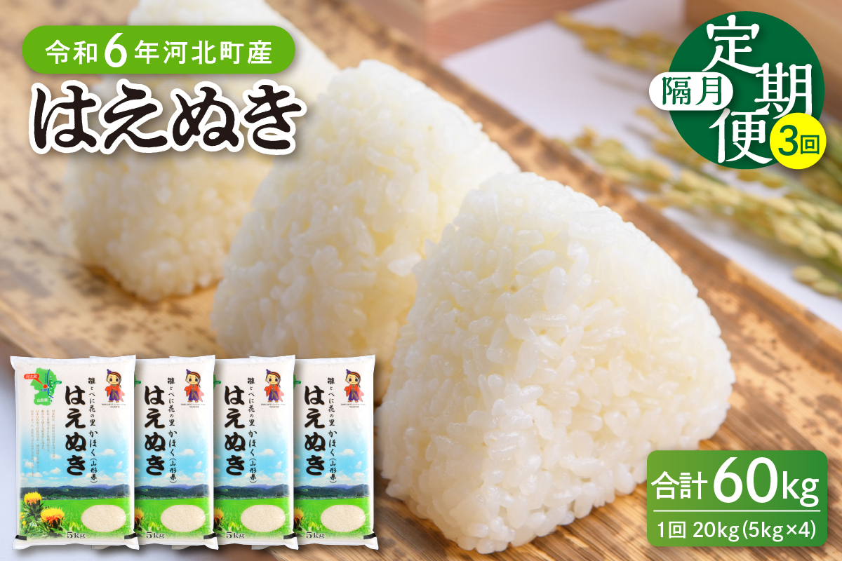 【令和6年産米】※2024年12月上旬スタート※ はえぬき60kg（20kg×3ヶ月）隔月定期便 山形県産 【JAさがえ西村山】