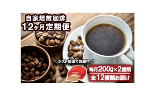 定期便 12回 コーヒー 自家焙煎 Morrow珈琲 200g×2種 (粉) 珈琲豆 ポスト投函 お楽しみ 12ヵ月