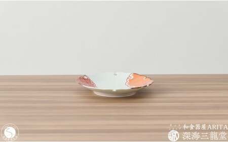赤絵雪輪皿 地紋と麻の葉 2枚 セット 深海三龍堂 有田焼 和食器 和風 小皿 銘々皿 取り皿 七宝 錦 赤 ハレの日 ay053