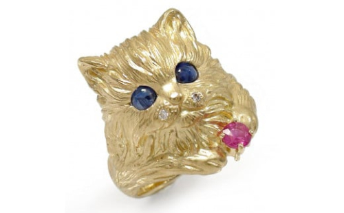 【サイズ：10号】＜ 甲府ジュエリー ＞K18YG　猫リング　サファイア ルビー ダイヤモンド　170220os01