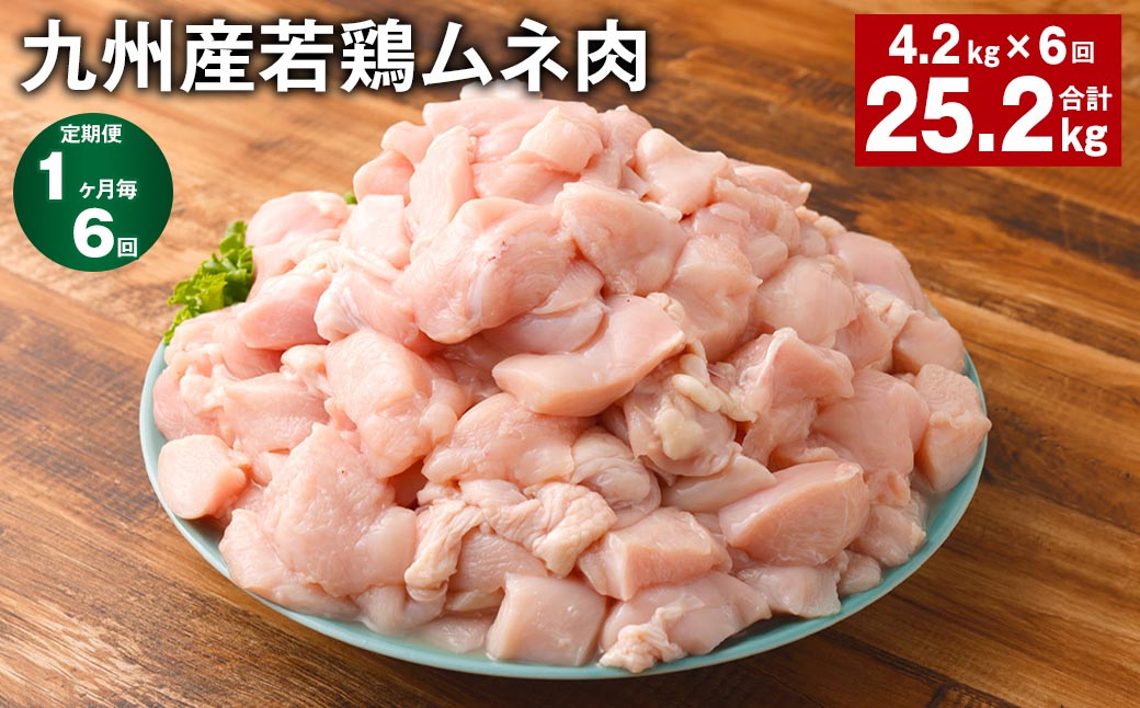
            【1ヶ月毎6回定期便】 九州産若鶏ムネ肉 計約25.2kg（約4.2kg×6回） 鶏肉 ムネ肉 むね肉【お申込み翌月から出荷】
          