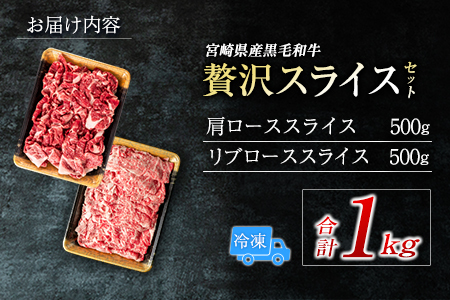 宮崎県産黒毛和牛＜新富育ちGyuGyu・贅沢スライスセット（500g×2P）＞合計1kg 肉 牛肉 宮崎県産【B653】