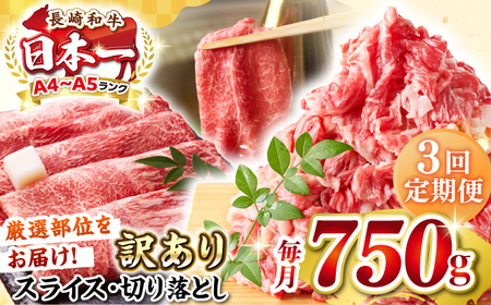 【全3回定期便】【訳あり】【A4〜A5ランク】 長崎和牛 しゃぶしゃぶ・すき焼きセット 750g《壱岐市》【株式会社MEAT PLUS】　肉 牛肉 黒毛和牛 鍋 冷凍配送 訳あり 切り落とし しゃぶしゃぶ用 すき焼用 A4 A5[JGH104]