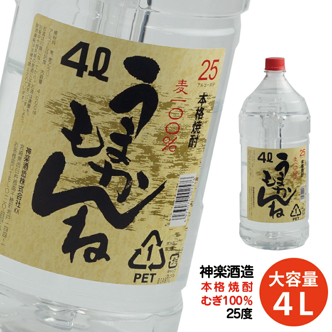 【ふるさと納税】ビックサイズ！神楽酒造『うまかもんね』麦焼酎25度（4L) ふるさと納税 宮崎 焼酎