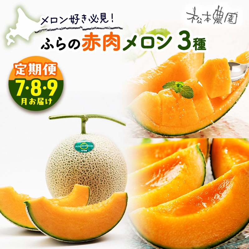 【2026年7～9月連続お届け】メロン 好き必見！ ふらの 赤肉 メロン3種 贅沢 定期便 北海道 富良野市 食べ比べ  (松本農園) メロン フルーツ 果物 新鮮 甘い 贈り物 ギフト 道産 ジューシー おやつ ふらの ブランド 夏 