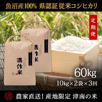 ふるさと納税 津南町 【毎月定期便】県認証特栽元祖魚沼産コシヒカリ20kg (10kg×2袋)×3回 合計60kg全3回