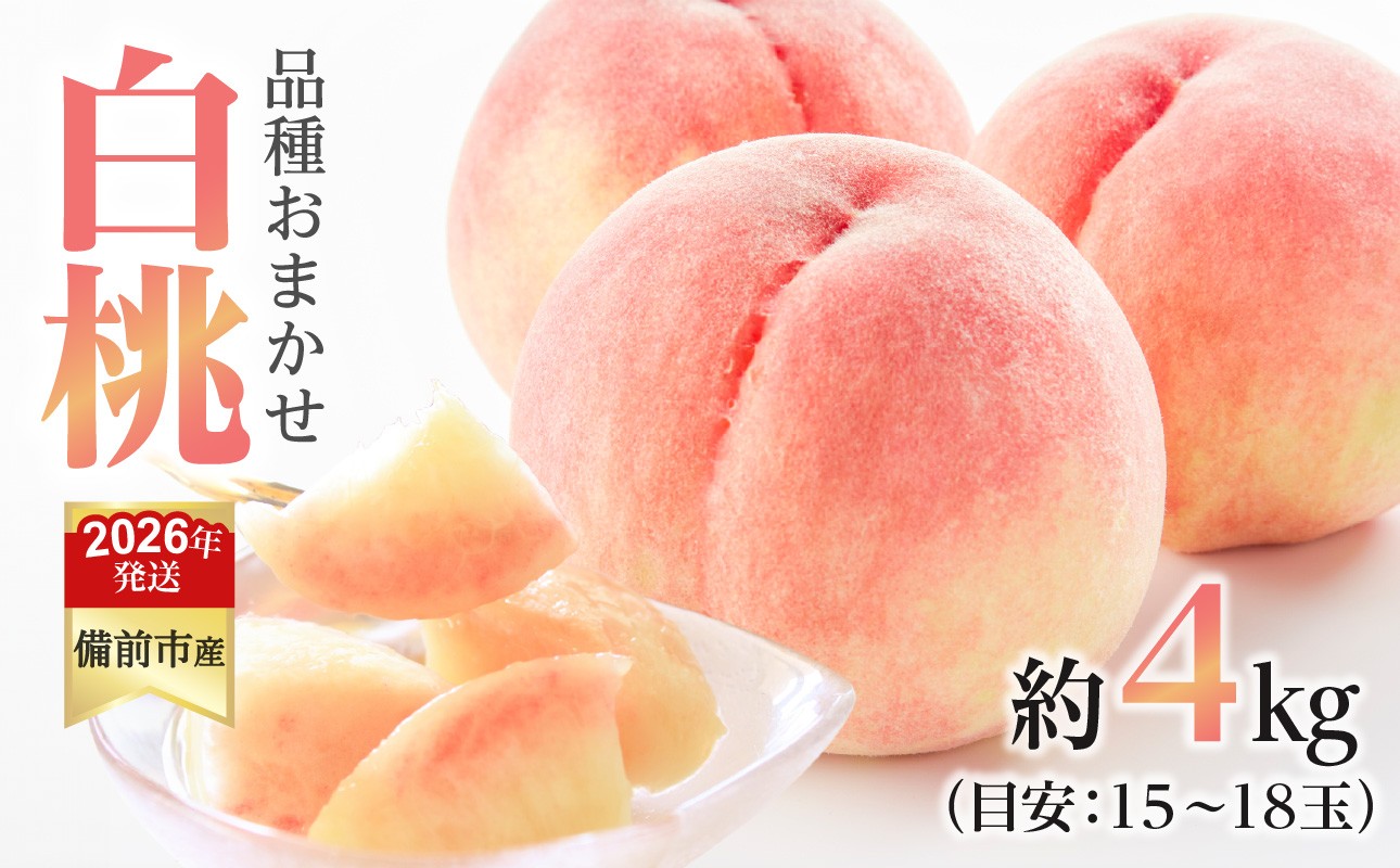 
                  【2026年発送分　先行受付開始！】びぜん白桃　早生4品種のうち1品種　約4kg（令和8年6月下旬～7月上旬頃発送）【岡山県備前市産 早生 4品種のうち1品種 約４kg （１５～１８玉目安）】
                