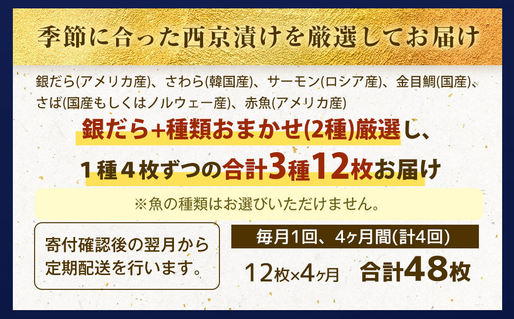 【4ヶ月定期便】【訳あり】西京漬け おまかせ3種12枚セット