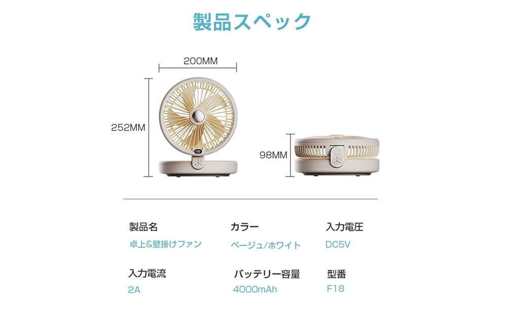 【ベージュ】扇風機 多機能 デスクランプ ファン 卓上 壁掛け 2WAY仕様 5枚羽根 6段階風量調節 自然風 小型 シールフック付き ストラップ付き 折りたたみ式 LEDライト 3段階明るさ調節 静