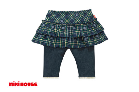 【ミキハウス】チェックスカート付き8分丈パンツ　紺・90cm　（48-13-N-90）こども 子ども服 子ども 子供 子供服 播州織 mikihouse ミキハウス