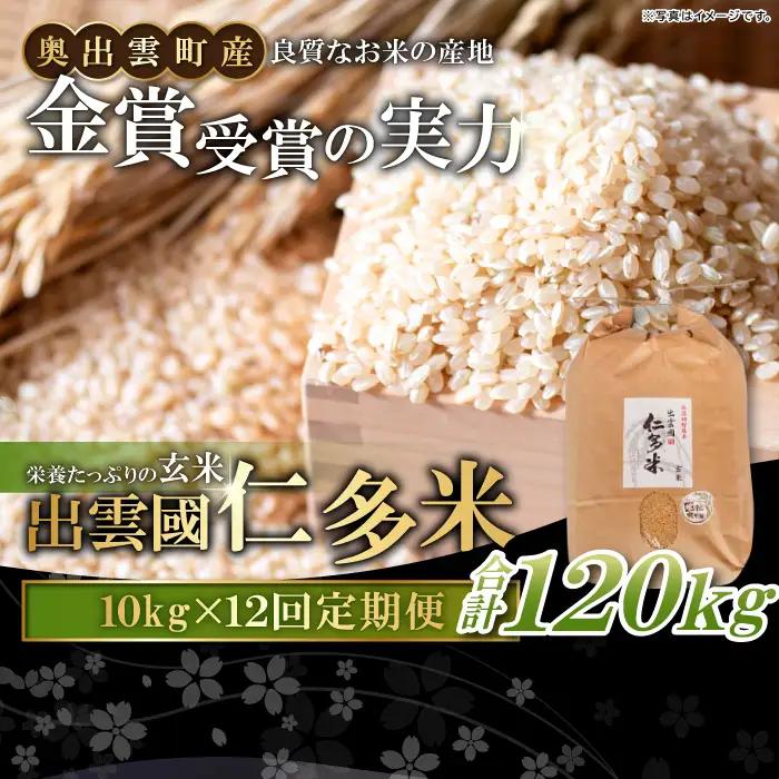 【毎月20日配送】 出雲國仁多米の玄米10kg定期便12回【仁多米 コシヒカリ こしひかり 玄米 定期便 10kg 12回 合計120kg ブランド米 お米 米 人気 令和7年度産 2025年度産 】