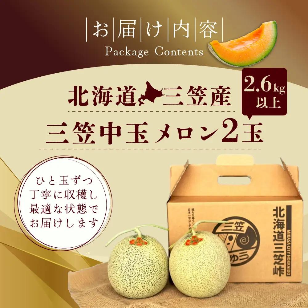 《2026年分受付中》とろける食感と甘い香り北海道三笠メロン2玉入（2.6kg以上）【0100104】