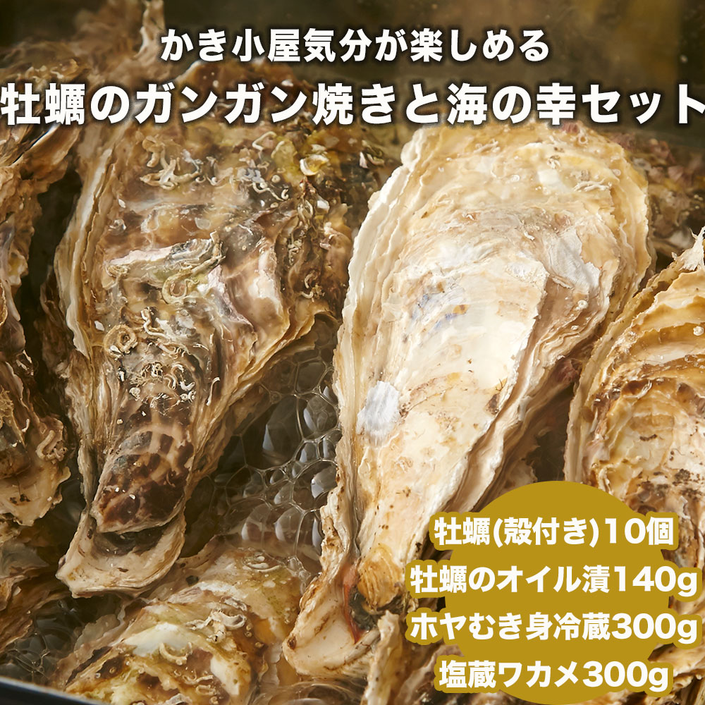 【ふるさと納税】牡蠣のガンガン焼き&海の幸セット 発送時期が選べる 〈殻付き牡蠣 10個 / 牡蠣のオイル漬け 1個 / ホヤむき身 1個 / 塩蔵わかめ 1個 〉[ かき カキ ほや ワカメ 海鮮 貝類 魚介 海藻 新鮮 ガンガン焼き セット 詰め合わせ ギフト かき小屋広田湾 ]