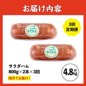 ＜定期便・計3回(隔月)＞ サラダ ハム (業務用) 約800g×2本×3回 計4.8kg プレスハム 【ナンチク】i1204-B