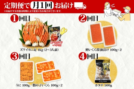 ■定期便■ 1582.蟹 海鮮 頒布会 全4回 ズワイガニ足 1kg 鱒いくら 醤油漬け 100g×2個 数の子いくら醤油漬け 100g×2個 ＆ ウニ チリ産 雲丹 うに 100g ホタテ 500g