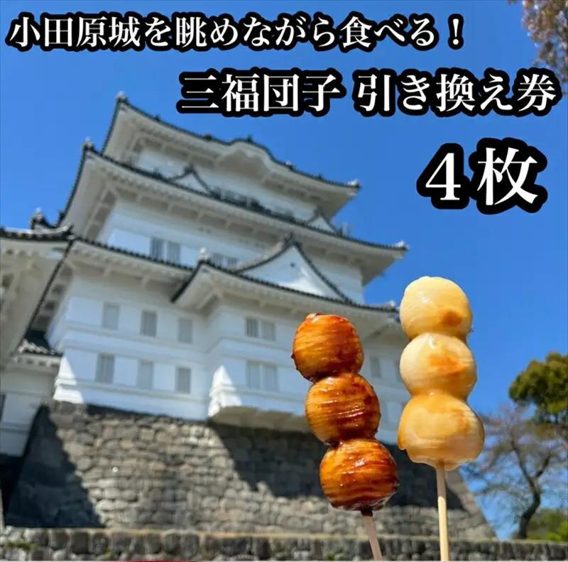 小田原城を眺めながら食べるお団子 三福団子引換券 4本分 くるみ味噌 みたらし団子【 引換券 神奈川県 小田原市 団子】