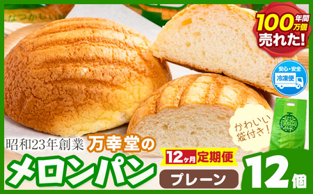 【12ヶ月定期便】パン メロンパン 冷凍 プレーン 12個 手土産 おすそ分け スイーツ パン ギフト 菓子パン 万幸堂 《お申し込み月の翌月から出荷開始》熊本県 荒尾市 送料無料 ベーカリー おやつ 個包装 給食 でおなじみ！ 美味しいパン 手作りパン ベーカリーパン 焼きたてパン