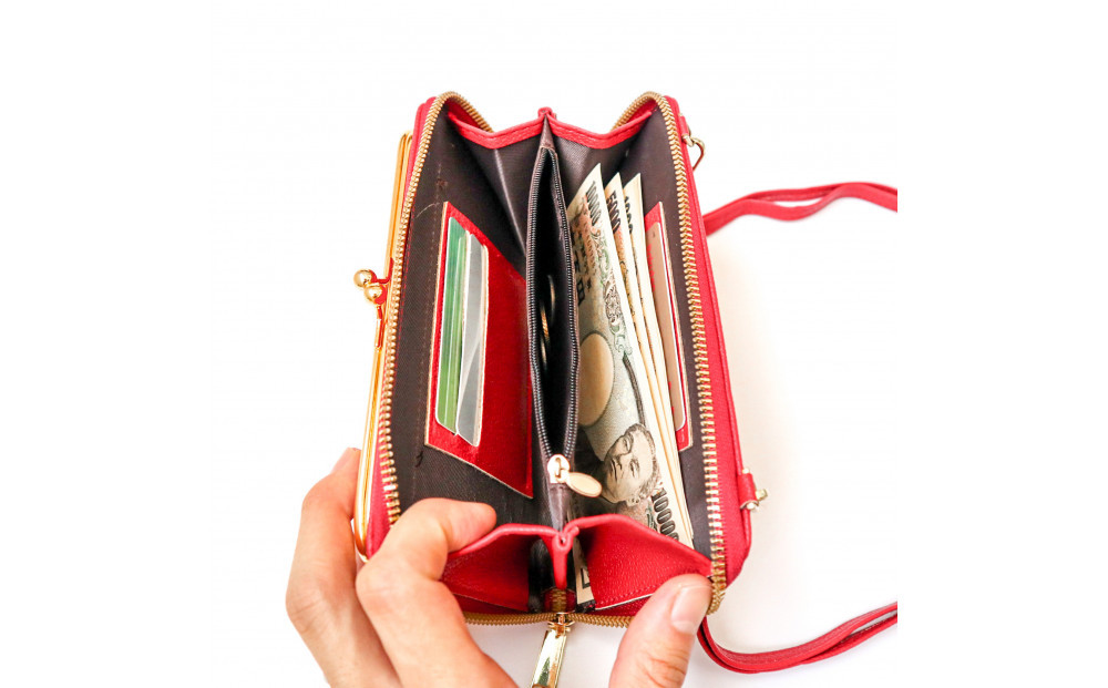 【レッド】スマホショルダー お財布ショルダー がま口 がま口財布 スマホポーチ スマホポシェット